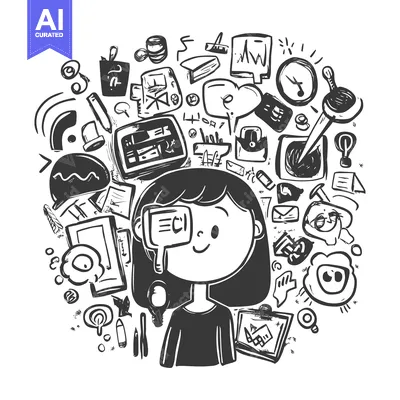 Aset desain premium: A Person Overwhelmed by a Circle of Doodle Objects