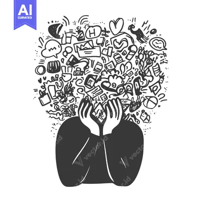 A Person Overwhelmed by a Cloud of Doodle Objects