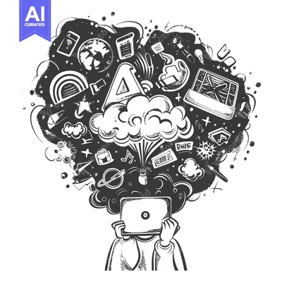 Aset premium populer: A Person Surrounded by a Cloud of Ideas, Thoughts, and Inspirations