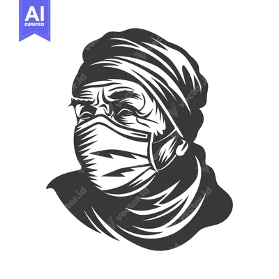 Aset desain premium: A person with a head covering and face mask, illustrated in black and
