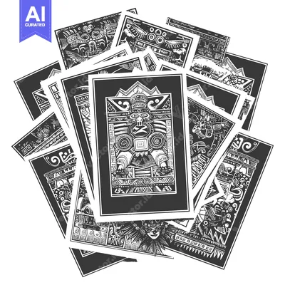 Aset desain premium: A Pile of Cards Featuring Intricate Mayan-Inspired Designs