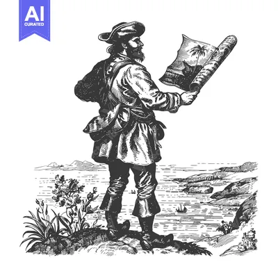 Premium design asset: A Pirate Holding a Rolled-Up Map with Palm Trees on It, Standing on a