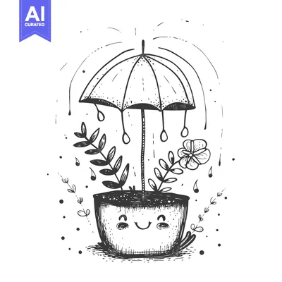 Premium design asset: A potted plant with a smiling face is protected from the rain by a sma