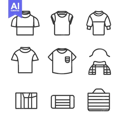 Aset desain premium: Outlined graphics of various clothing items and a striped bag