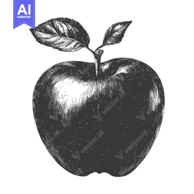 Premium design asset: An apple with leaves is displayed in a monochromatic drawing