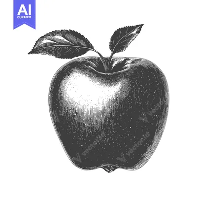 Popular premium asset: Engraved depiction of an apple with leaves against a white background