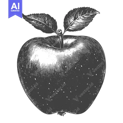 Aset premium populer: A detailed artistic sketch shows a ripe apple with two leaves