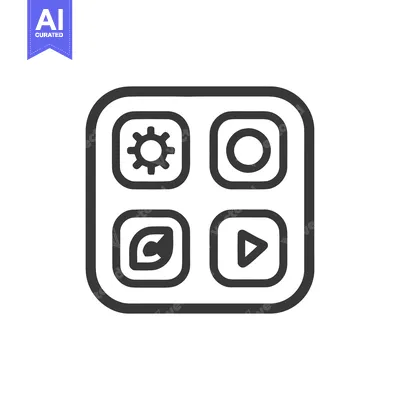 Aset desain premium: Minimalist App Icon Grid: Settings, Camera, Leaf, Play Button in Black