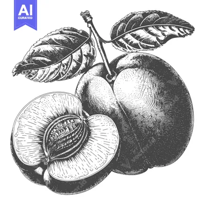 Aset desain premium: A monochrome still life illustration featuring plums and leaves