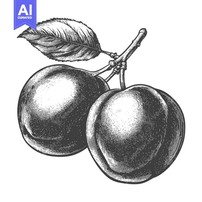 Premium design asset: Two plums and a leaf are shown on a branch