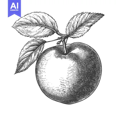 Premium design asset: A detailed drawing of an apple with three green leaves