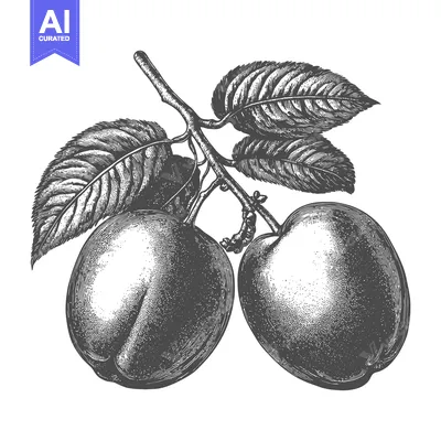 Aset premium populer: Two plums hanging from a branch with leaves in detail
