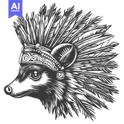 Aset desain premium: A Profile of a Hedgehog Wearing a Feather Headdress