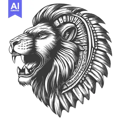 Aset premium populer: A Profile View of a Lion's Head with a Native American Headdress