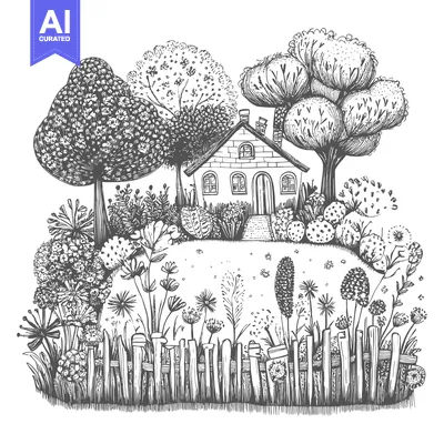 Aset desain premium: A quaint cottage nestled amidst a lush garden with a picket fence