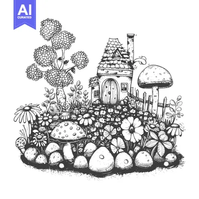 Popular premium asset: A quaint little cottage nestled in a whimsical garden with mushrooms,