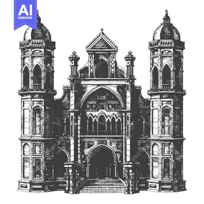 Aset premium populer: A detailed illustration of a gothic building structure facade