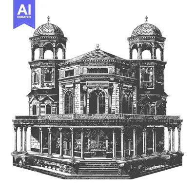 Premium design asset: A detailed black and white illustration of the architectural building