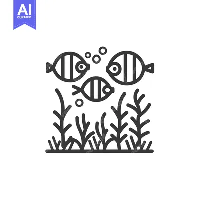 Premium design asset: Three cartoon fishes swimming amongst aquatic plants and bubbles