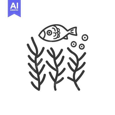 Aset premium populer: Simple black and white illustration showing a fish with seaweed
