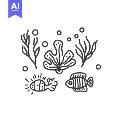 Aset desain premium: Simple line drawings of marine life in an underwater scene