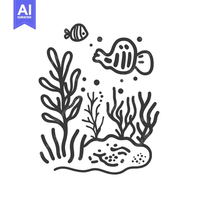 Aset premium populer: Simple aquatic illustration showing two fish with seaweed and bubbles