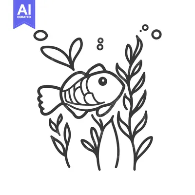 Aset desain premium: A simple illustration of a fish with aquatic plants and bubbles