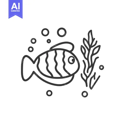 Aset premium populer: A stylized line art illustration of a fish with bubbles and seaweed