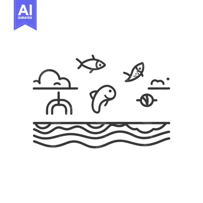Premium design asset: Simple black and white line art featuring fish in a seascape