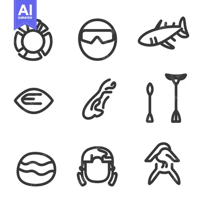 Aset premium populer: Nine different line art illustrations displaying aquatic and human con