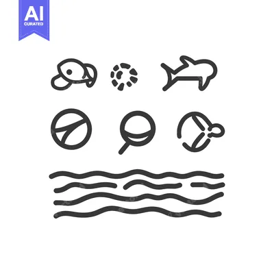 Aset premium populer: Simplified outline drawings depict various marine animals and elements