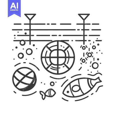 Simple graphic of aquatic elements with life preservers and fish