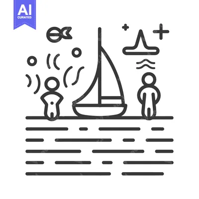 Premium design asset: A stylized depiction of people near a sailboat at sea