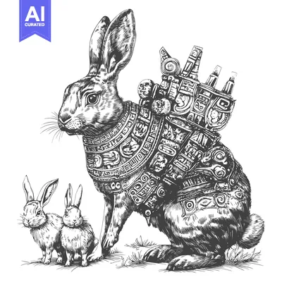 Aset desain premium: A rabbit adorned with intricate Mayan-style ornamentation