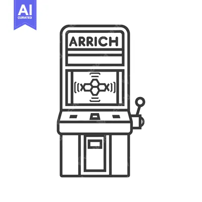 A black and white line art arcade machine illustration