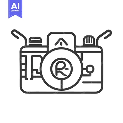 Aset desain premium: An illustrated black and white icon depicting a simple photographic ca