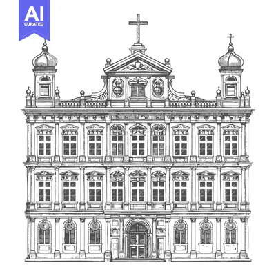 Aset premium populer: A highly detailed drawing of a beautiful building facade