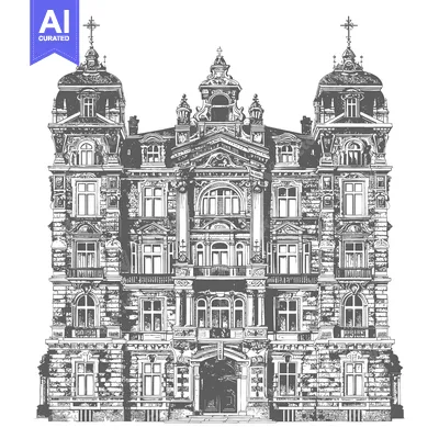 Aset desain premium: A detailed monochrome illustration of a building facade