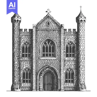 A stone built medieval cathedral with turrets and arches