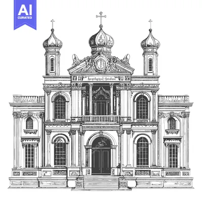 Aset desain premium: An ornate black and white drawing of a building