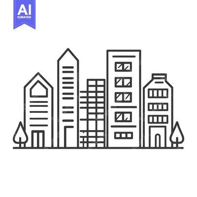 Aset premium populer: Simple outline illustration of a cityscape with various tall buildings