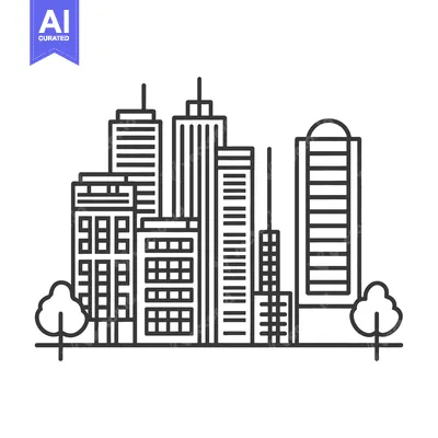 Aset desain premium: Cityscape outline featuring buildings and small trees on ground level