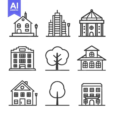 Premium design asset: Architectural and natural elements presented in simple line art design