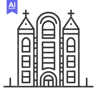 A simple black and white illustration of a church building