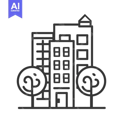 Aset desain premium: A simple black and white illustration of city buildings and trees