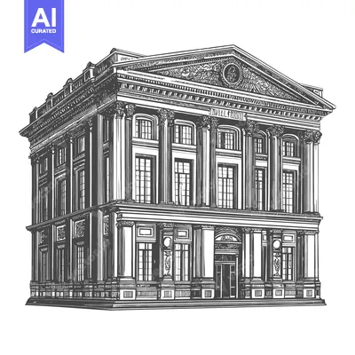 An illustrative drawing depicts a large building with columns