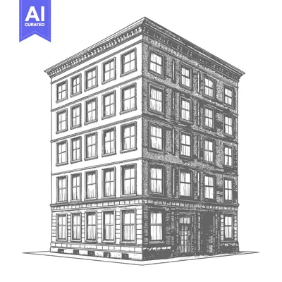 Aset desain premium: This image depicts a detailed sketch of a brick building