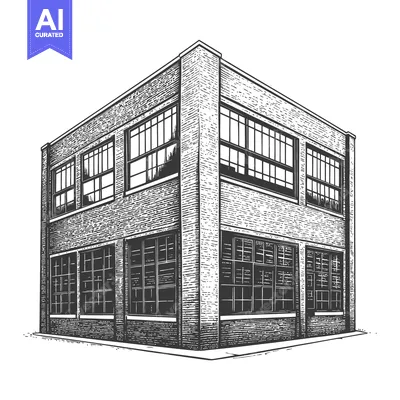Premium design asset: An industrial building corner is depicted from a low angle