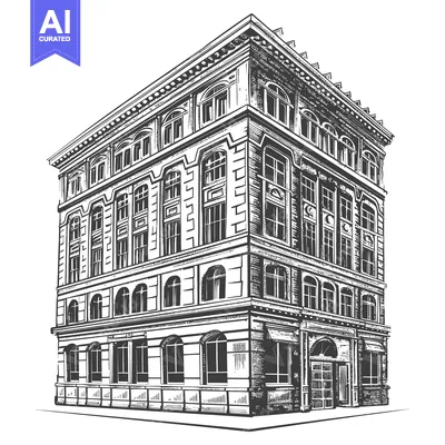 Aset desain premium: An antique building rendered in artistic detail and elevation