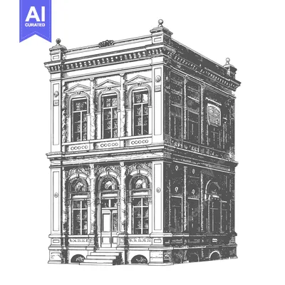 Aset desain premium: A detailed drawing of an antique stone building facade